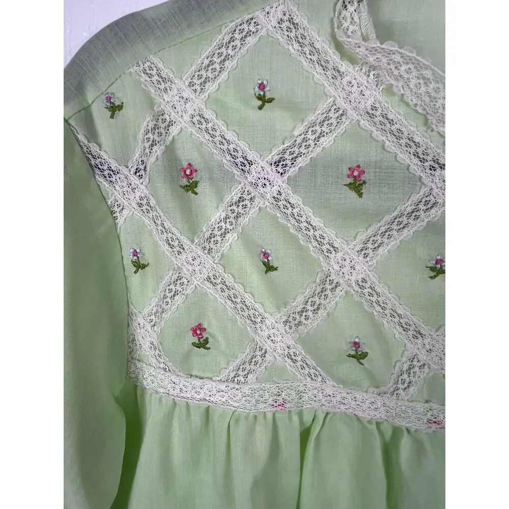 Vintage‎ 50s 60s cotton embroidered green floral lace button up night shirt L - Picture 4 of 9